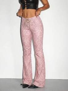 Jeanoix Quần jeans ống loe dáng casual họa tiết da báo thắt eo dành cho nữ - Hồng - Xem 2
