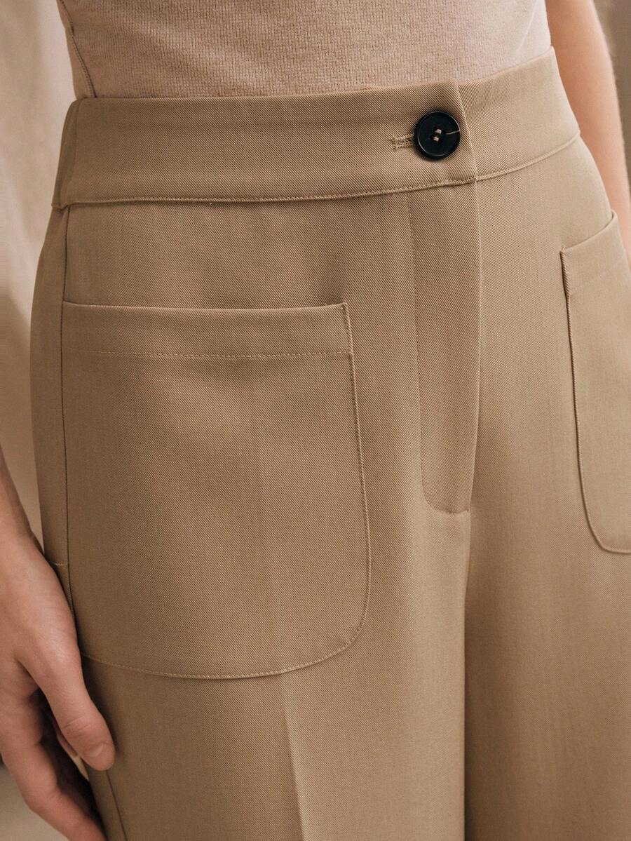 Anewsta 新款时尚休闲通勤多功能口袋喇叭裤脚优雅女士西装裤 - 卡其色 - 查看 1