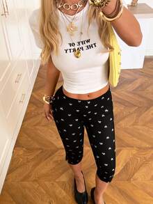 SHEIN EZwear Quần legging nữ ôm sát 7/8, nền đen, thắt nơ. - Đen và trắng - Xem 5