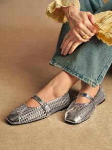 Rosivie 女士休闲编织方头舒适玛丽珍平底鞋 - 銀色 - 查看 5