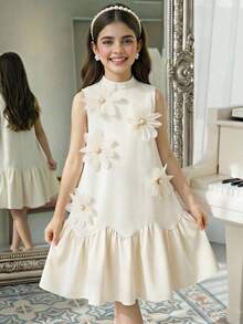 Đầm chữ A không tay, xếp ly, eo thấp, họa tiết hoa thanh lịch dành cho bé gái, thích hợp cho các dịp trang trọng và tiệc tùng, mùa xuân/hè. - Màu be - Xem 2