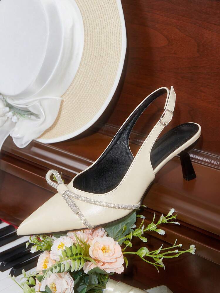 CUCCOO HITCHD Women Shoes Spring And Summer. New Pointed Thin Heel High Heel Romantic And Elegant Apricot PU With Rhinestone Strap Women's High Heel Shoes Dress Shoes Bridal Shoes Wine Ceremony Season Collection For Valentine's Day Elegant And Versatile Elegant Shoes Wedding Shoes