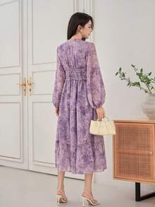 DAZY 女士优雅印花褶皱中长连衣裙，春夏款 - 紫色 - 查看 2