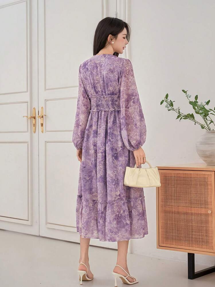 Women's Elegant Floral Print Shirred Mid-Length Dress, Spring/Summer,Wedding Guest Dress Women Sundress