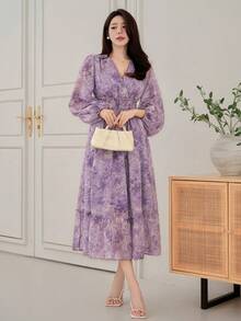 DAZY 女士优雅印花褶皱中长连衣裙，春夏款 - 紫色 - 查看 3