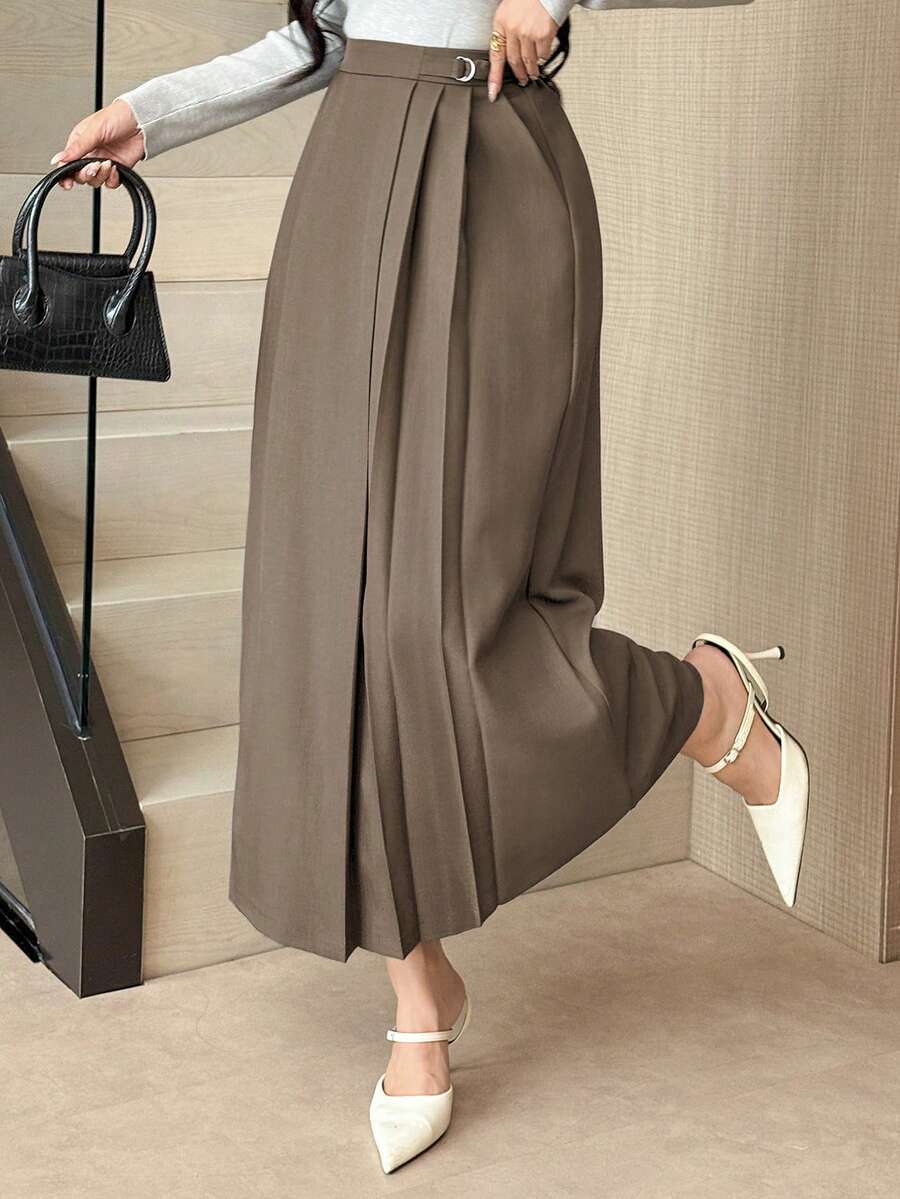 DAZY 女士优雅高腰A字中长百褶裙，适合夏季通勤 - 棕色 - 查看 1