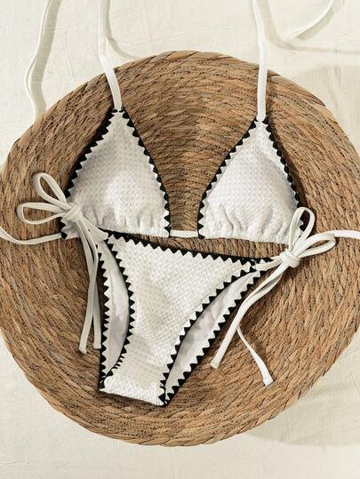 Swim Mod 2026 Vår/Sommar Spaghettiband Halterneck Texturerat Tyg Högt Skräddarsydd Bikiniset För Damer, Semesterstil