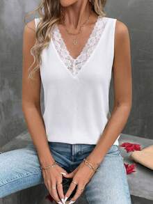 LUMIGAL Women's V-Neck Lace Patchwork Casual Versatile Daily Wear Top - White - View 3