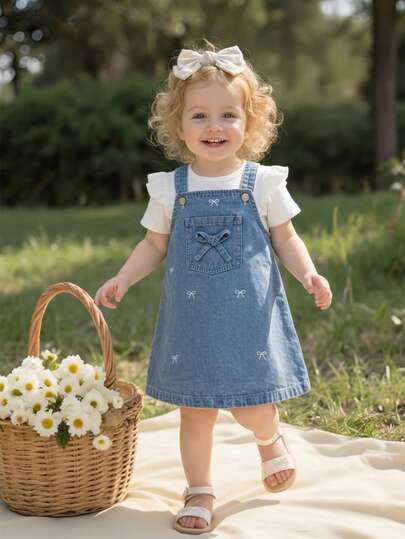 SHEIN Vintaside Kids 女婴白色荷叶边T恤上衣和背带裤套装，饰有蝴蝶刺绣，采用轻盈柔软的棉质牛仔布制成，时尚必备单品，适合春夏穿着，休闲、拍照、外出、派对等场合皆宜，2026新款上市。