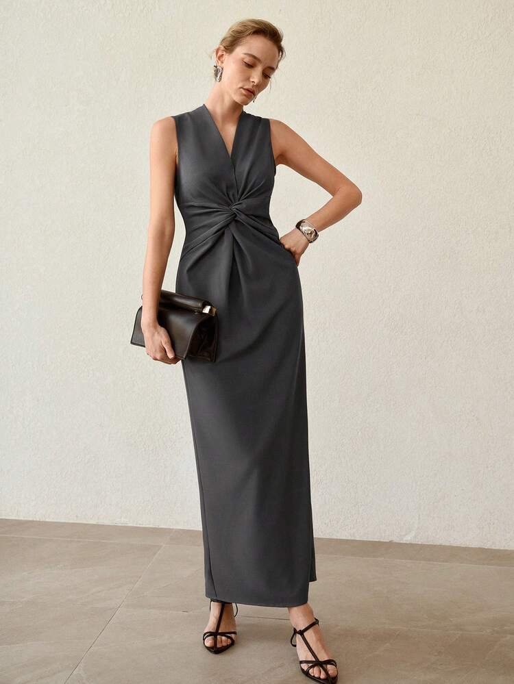 V-NECK SLEEVELESS ASYMMETRICAL TWIST WAIST MINIMALIST COMMUTING LONG DRESS