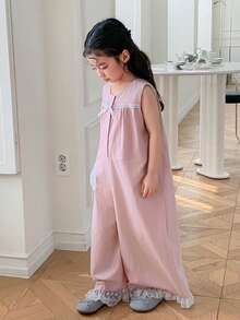 Dazy Kids Mono holgado de pierna ancha sin mangas con decoración de lazo y botones de media cartera para niña en verano - Rosa - Ver 3