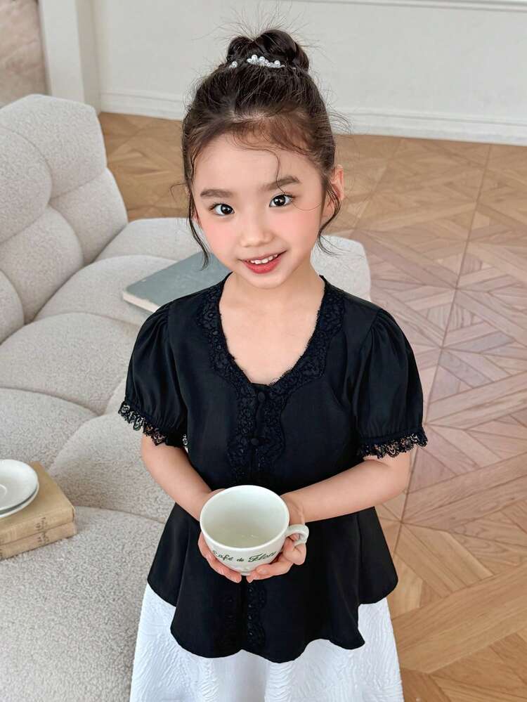 Girls V-Neck Short Sleeve Lace Patchwork Shirt, Summer