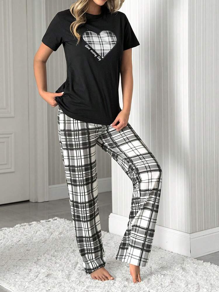 SHEIN Cotton 2 Pcs V Neck Black Top With Plaid Heart Print,Short Sleeve And Relaxed Long Pants Lounge Pajama Set - Black and White - View 6
