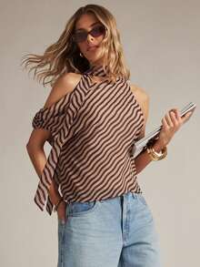 Hauture Women's Off Shoulder Office Wear Diagonal Stripe Blouse - Multicolor - View 1