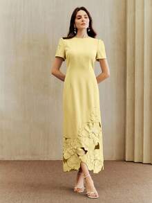 Anewsta Solid Color Straight Waist Cinching Short Sleeve Dress With Cutout Embroidered Pearl Decor, Long Dress For Women - Pale Yellow - View 6