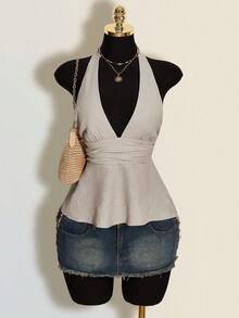 SHEIN ICON Halloween Women's Halter Backless Black Babydoll Tank Top - Grey - View 3