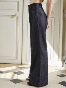 lacRébo 女士前缝细节深色棉质牛仔喇叭裤 秋季女装 办公室穿搭 秋季女装 - 深色水洗藍 - 查看 5