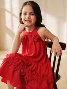 SHEIN 女童红色无袖连衣裙，饰有3D立体花朵和荷叶边下摆，优雅甜美可爱，尽显淑女气质，适合派对、公主裙等场合，夏季穿着。 - 紅色 - 查看 7