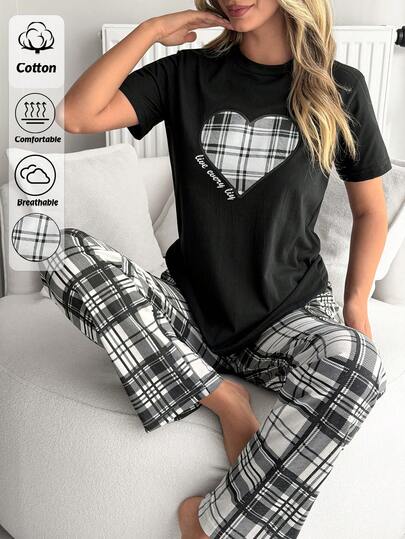 SHEIN Cotton 2 Pcs V Neck Black Top With Plaid Heart Print,Short Sleeve And Relaxed Long Pants Lounge Pajama Set