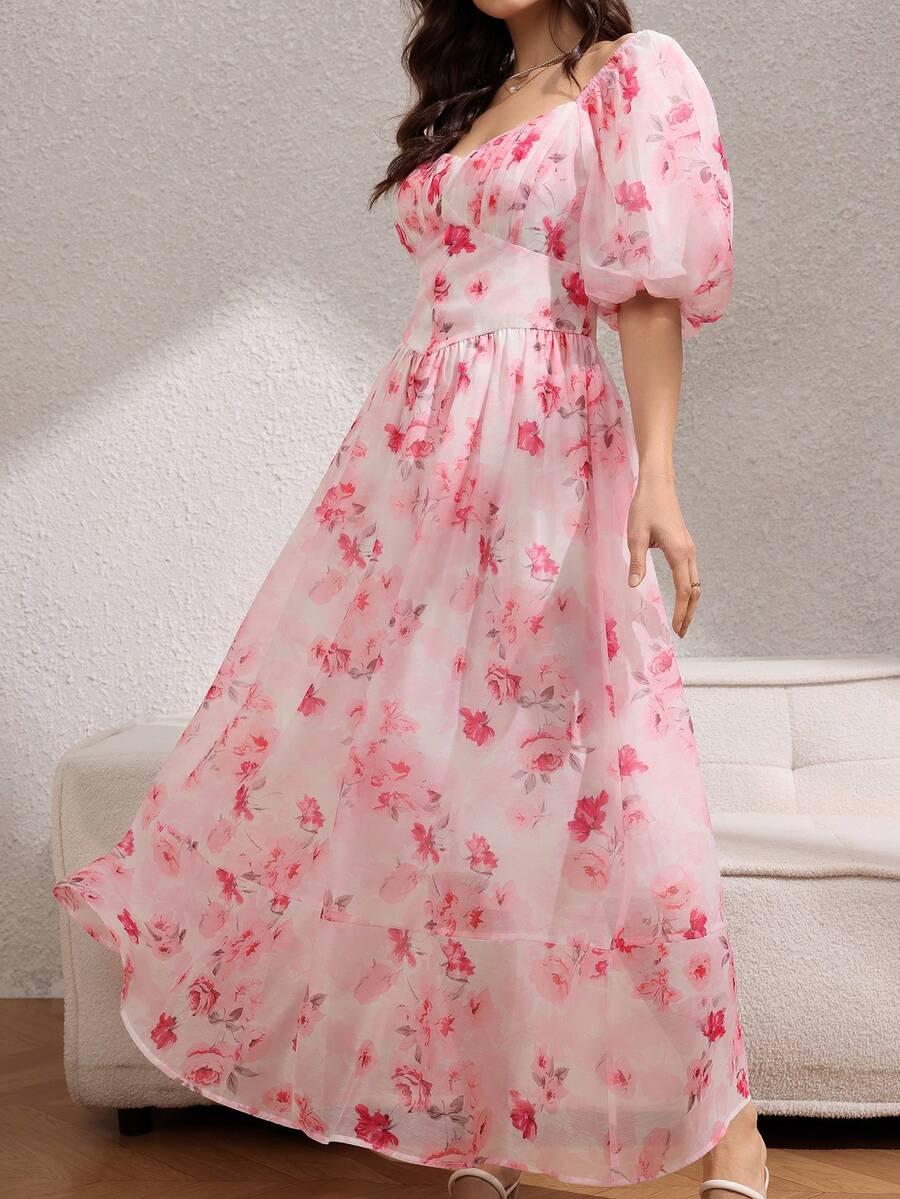 Rafferiza 女士优雅印花系带A字连衣裙 - 粉色 - 查看 1