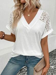 SHEIN Women's Contrast Lace V-Neck Short Sleeve Casual T-Shirt - White - View 5