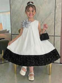 SHEIN Young Girl Woven Colorblock Round Neck Sleeveless 3D Floral Casual Dress - Multicolor - View 6