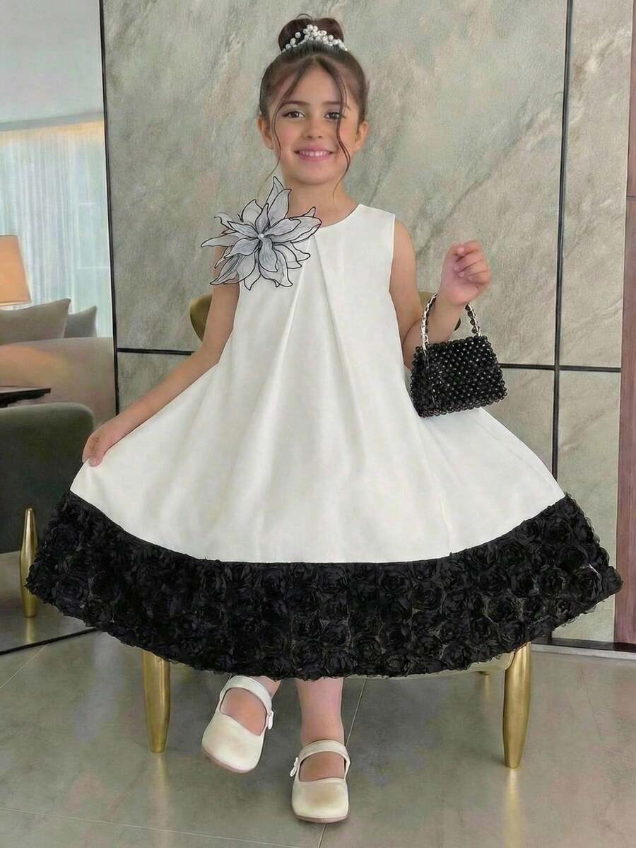SHEIN Tween Girl Woven Colorblock Sleeveless Floral Casual Dress Girls Party Dress Black White Tween Dress Dress White And Black For Girl,Kids - Multicolor - View 1