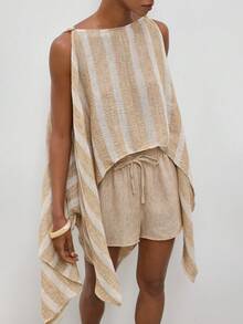 Maija Women's Striped Shawl Top With Split Cuffs, Beaded Decor, Elastic Waist Shorts With Drawstring, 2 Pieces Set, Autumn Elegant Casual Beach Khaki - Khaki - View 1
