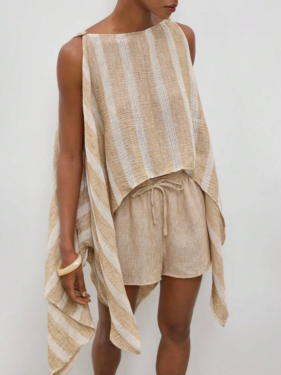 Maija Women's Striped Shawl Top With Split Cuffs, Beaded Decor, Elastic Waist Shorts With Drawstring, 2 Pieces Set, Autumn Elegant Casual Beach Khaki - Khaki - View 1