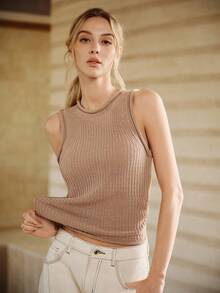 Anewsta Women's Elegant Modern All-Match Versatile Layering Khaki Knit Tank Top - Khaki - View 3