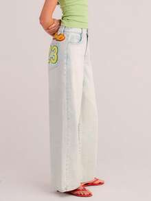 Athîral Jeans de pierna ancha versátiles y casuales con bolsillo, botón, gráfico de letras y números, para uso diario - Azul - Ver 5