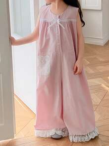 Dazy Kids Mono holgado de pierna ancha sin mangas con decoración de lazo y botones de media cartera para niña en verano - Rosa - Ver 5