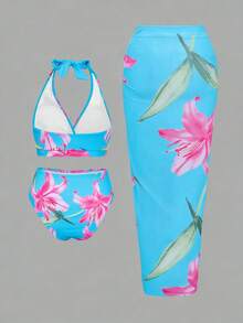 Swim Oasis Bộ đồ bơi 3 mảnh cỡ lớn dành cho nữ, kiểu dáng gợi cảm, cổ yếm, in kỹ thuật số ngẫu nhiên, thích hợp cho bãi biển, hồ bơi, phong cách thường ngày và thanh lịch. - Nhiều màu - Xem 2