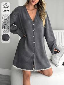 SHEIN Women Cotton Rib Knit With Cıntrasy Colourlace Detail Button Front Detail Long Sleeve Long Comfort Homewear Lounge Robe - Grey - View 4