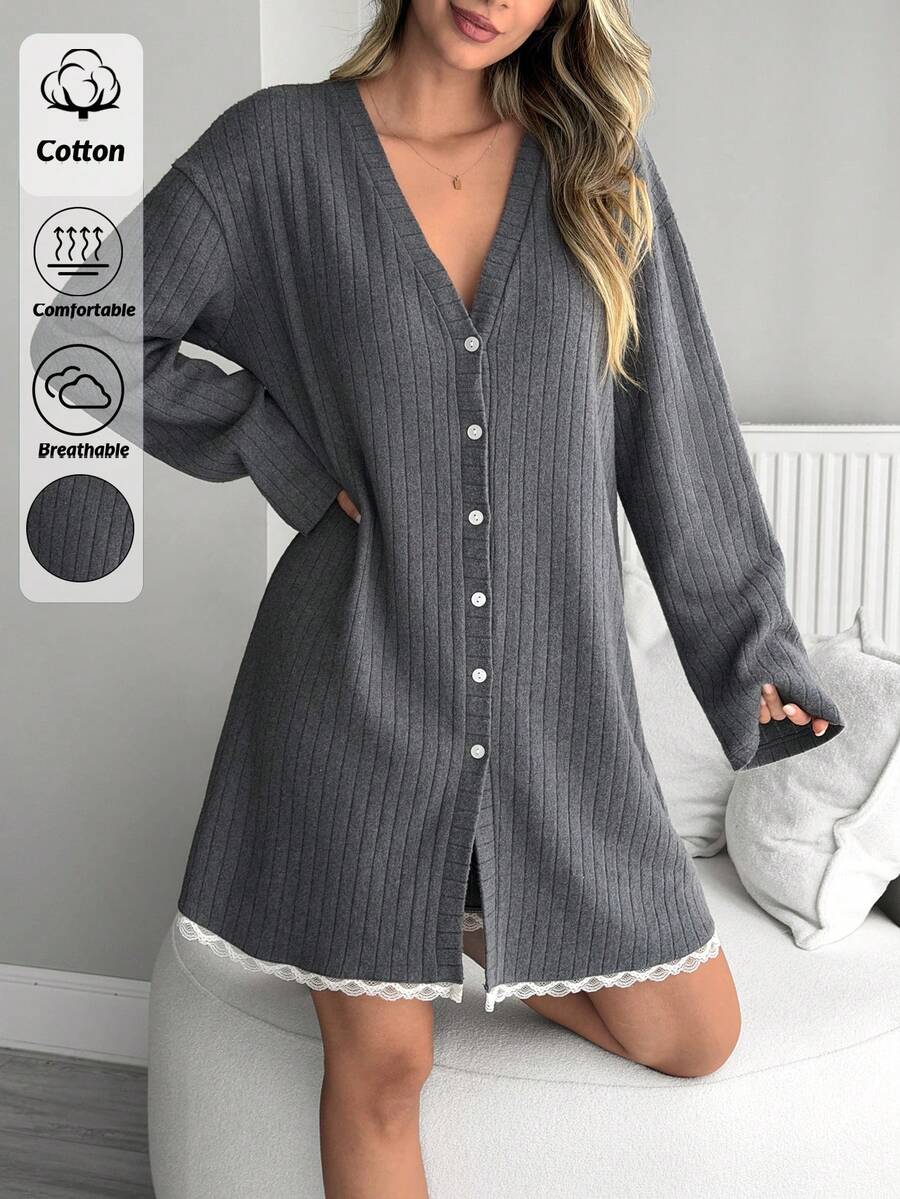 SHEIN Women Cotton Rib Knit With Cıntrasy Colourlace Detail Button Front Detail Long Sleeve Long Comfort Homewear Lounge Robe - Grey - View 1