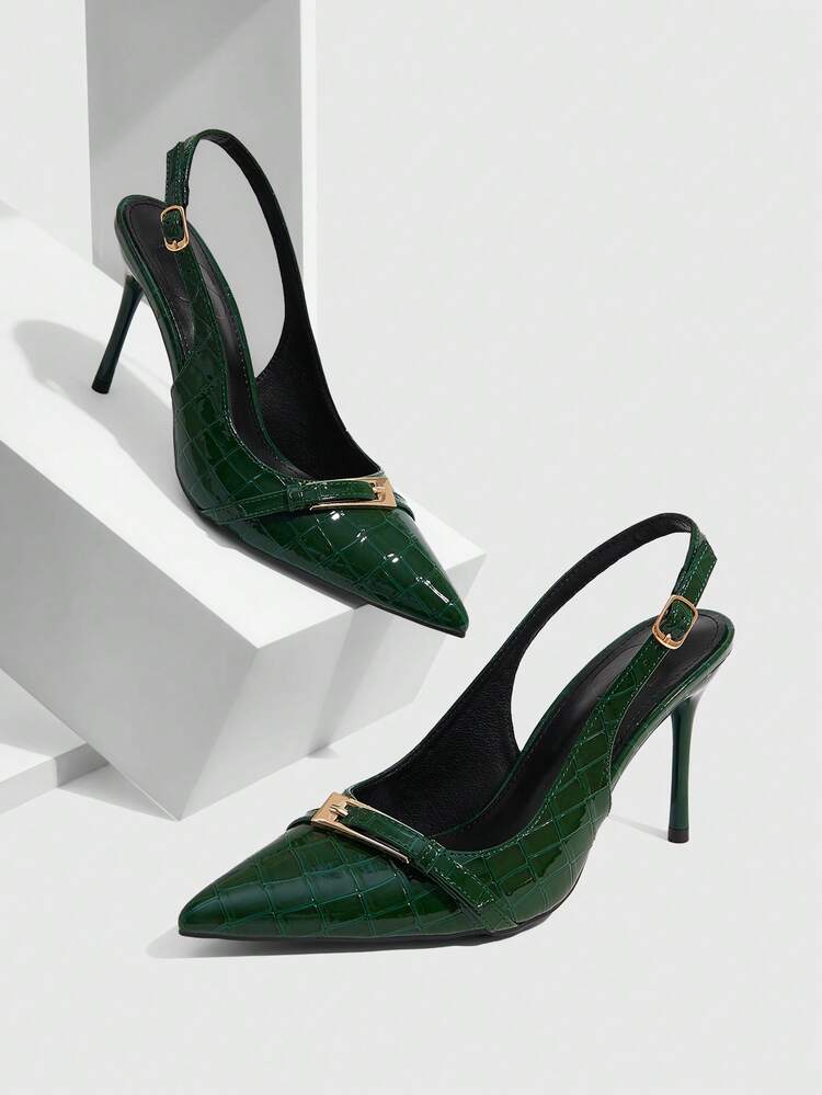 CUCCOO SZL Women Shoes Four Seasons New Crocodile Pattern Large Button Pointed Stiletto Sandals, Metal Button Backspace Commuter High Heel Shoes, Workplace Versatile Women's Shoes