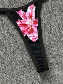 Swim Vcay 2pcs Women's New Floral Print Spaghetti Strap Backless Micro Triangle Top And Thong Sexy Bikini Set Set - Black - View 5