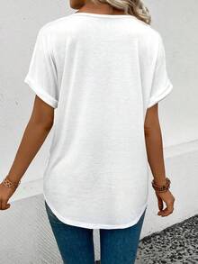 SHEIN Women's Contrast Lace V-Neck Short Sleeve Casual T-Shirt - White - View 2