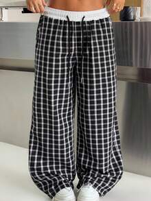 SHEIN EZwear Pantalones casuales holgados de pierna ancha con cordón en la cintura a cuadros - Negro - Ver 1