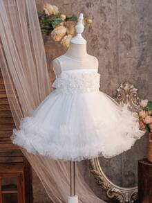 Glamorique Kids Baby Girls' Multilayer Tulle Flower Girl Wedding Dress, 3D White Flower Puffy Princess Soft Cute Party Dress - White - View 7