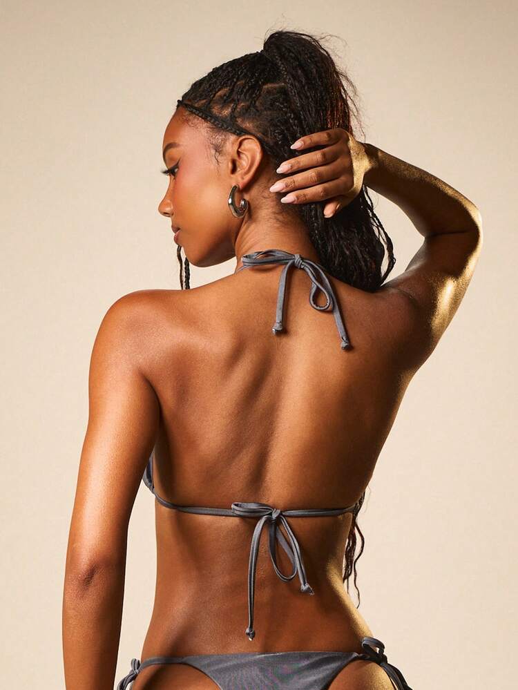 MISSGUIDED Women's Triangle Halter Bikini Set With Metal Studs Tie Side String Bottom Swimwear Beach Vacation Summer Two Piece