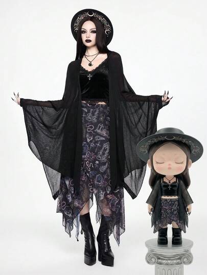 ROMWE Goth Vintage Dark Batwing Sleeve Asymmetrical Hem Sheer Knit Cardigan
