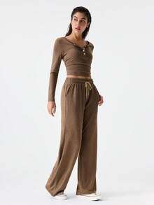 Loungeista 2pcs Set Women Long Sleeve Solid Color Tight Fitting Top And Pants Set, Spring/Autumn/Winterfor Summer - View 5