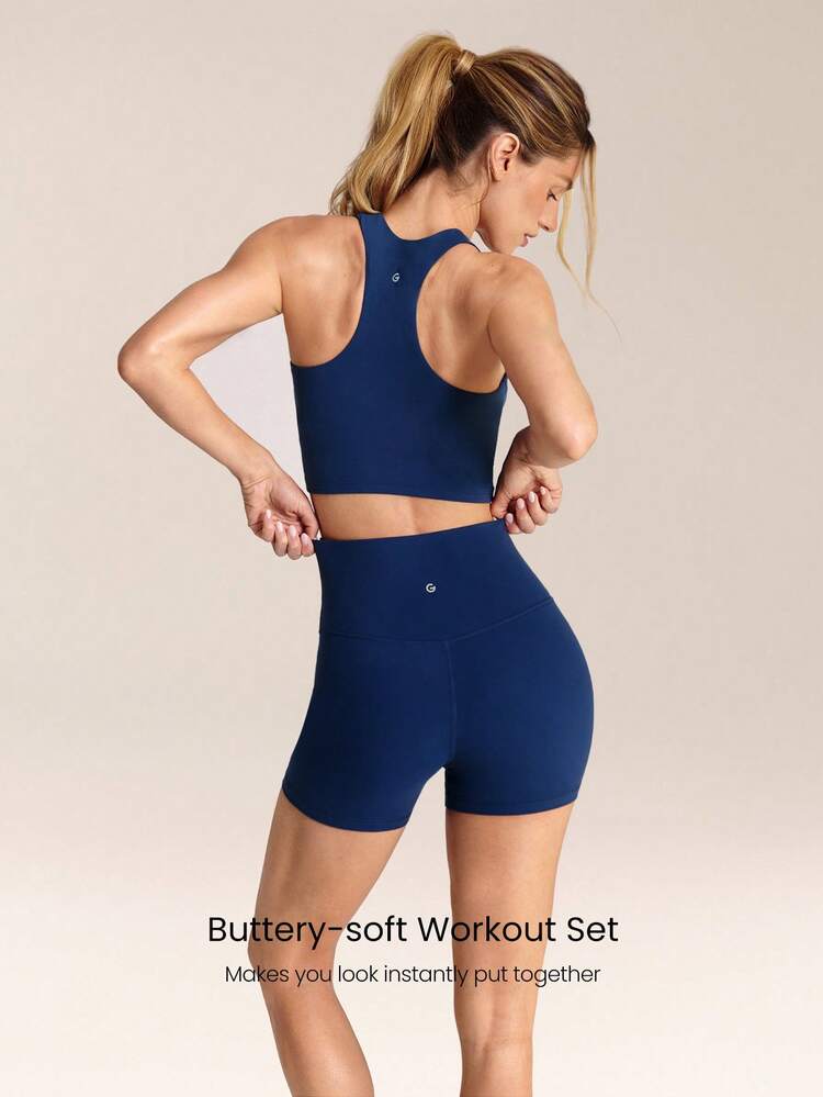 FeatherFit™ Reggiseno sportivo con spalline a racer, morbido come burro, traspirante, elastico, con coppe rimovibili e arricciatura frontale. Pantaloncini da ciclista con vita a incrocio a forma di Y, 4,3" di lunghezza, per basso impatto, ideali per palestra, studio, allenamento, ciclismo, corsa e uso casual quotidiano