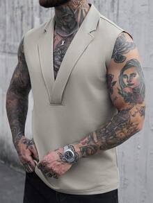 Manfinity CasualCool 男士休閒純色背心，卡其色，夏季，獵遊風，夜晚無袖婚禮背心，優雅老錢風米色度假背心 - 灰色 - 查看 5
