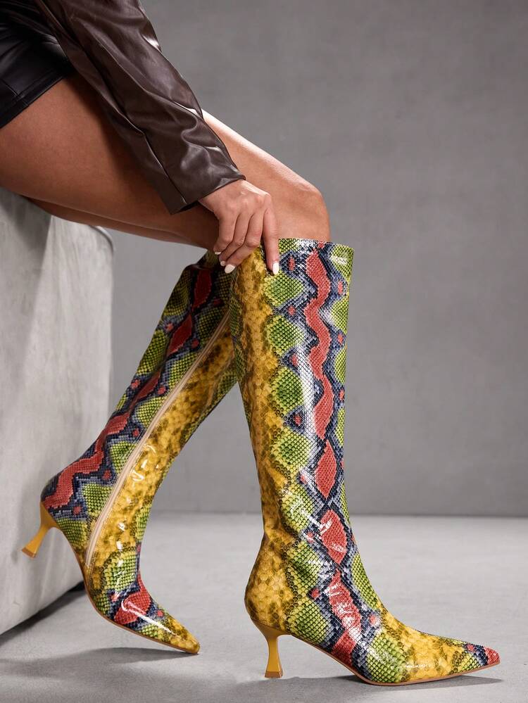 CUCCOO SZL Women's Fashion Pointed Toe Snakeskin Pattern Minimalist Elegant Versatile Side Zipper Stiletto Knee-High Boots For Christmas Spring Shoes