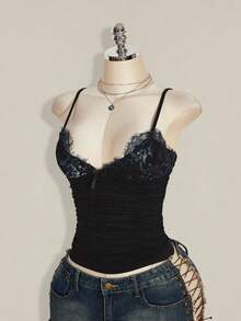 SHEIN ICON Contrast Lace Ruched Y2k Cami Top - Black - View 4
