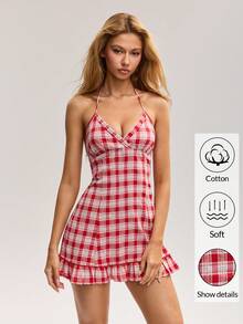 Sweetina Women's Summer Fashion Plaid Ruffle Hem Halter Mini Dress - Red - View 3