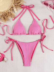 Swim Mod New Crinkle Striped Blue & White Spaghetti Strap Twist Side High Cut Bikini 2 Pieces Swimwear Set For Women, Beach & Resort Beach Bikini Vacation Bikini Tie Bikini Tanning Bikini - Hot Pink - View 2