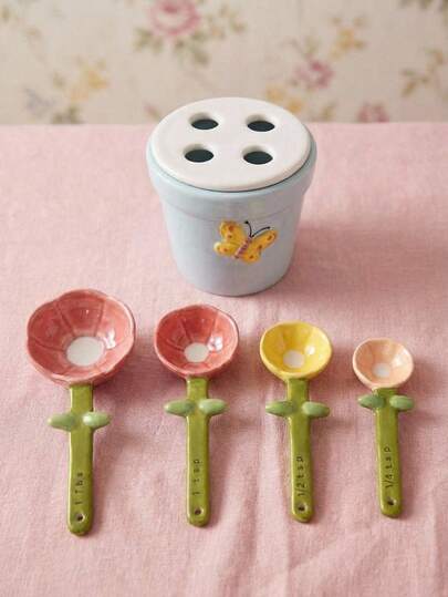 Joivida 1 pieza Juego de cucharas medidoras con base en forma de mariposa y flor de cerámica, cucharas medidoras con diseño de pétalos de flor y mariposa, herramienta de cocina creativa para el hogar con 4 tamaños diferentes de cucharas medidoras con juego de base